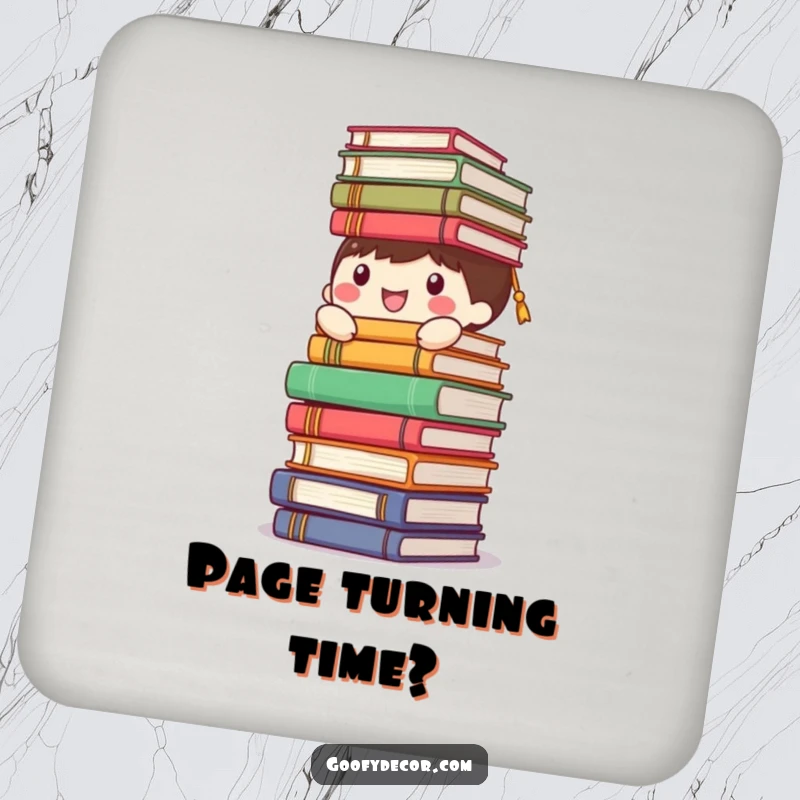 Funny happy character drink coaster, comically balancing a stack of books, bringing literary humor to your table.