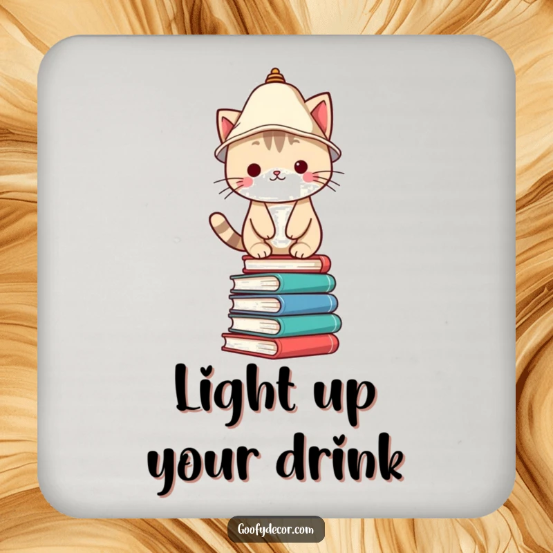 Funny Drink Coaster featuring a Kawaii cat character with a lampshade hat, balancing on books, adding literary charm.