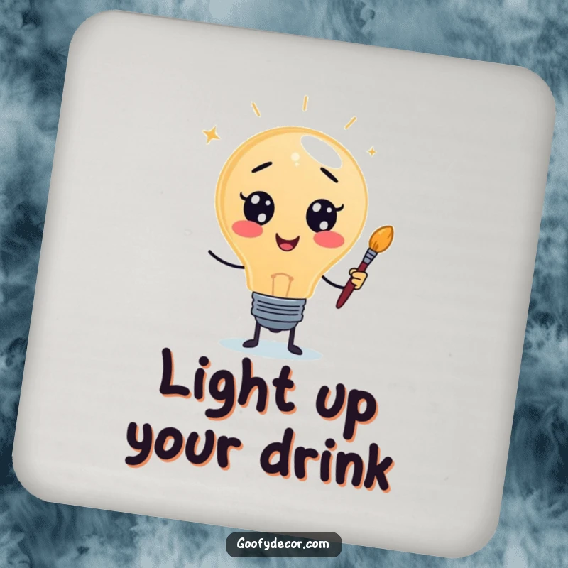 Funny coaster with a lightbulb character holding a paintbrush, protecting surfaces with creative and artistic flair.