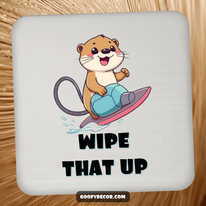 Funny Drink Coaster featuring a smiling otter character surfing a vacuum cleaner, adding a playful touch to any table setting.