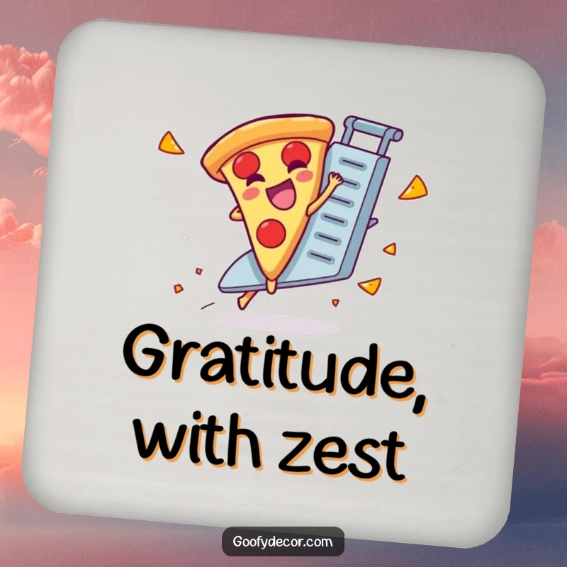 Funny drink coaster featuring a giggling pizza slice character riding a runaway cheese grater.