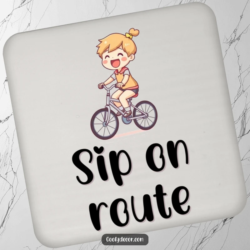 Funny Small Bicycle Coaster featuring a joyful character riding a comically small bicycle, protecting surfaces with humor.