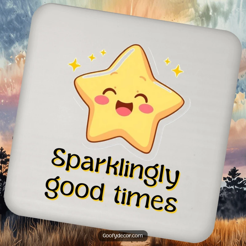 Funny drink coaster with a cheerful star character winking with twinkling rays.