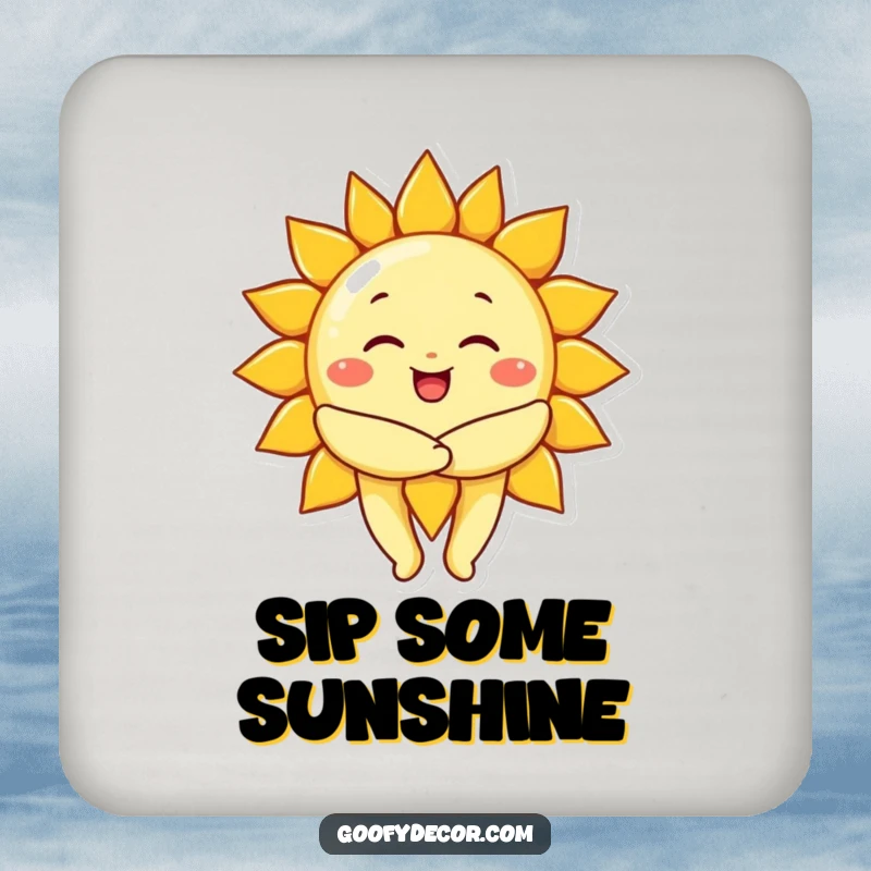 Funny cheerful sun character giving a big, warm hug, featured on a drink coaster for protecting surfaces with warmth.