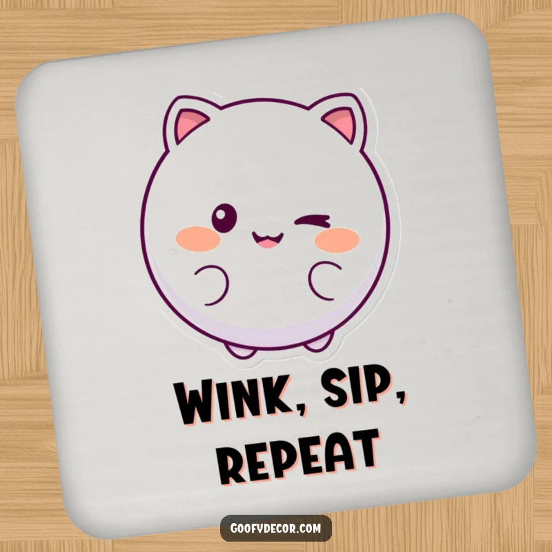 Funny drink coasters featuring a round, smiling character winking playfully, designed to protect surfaces with cheerful humor.