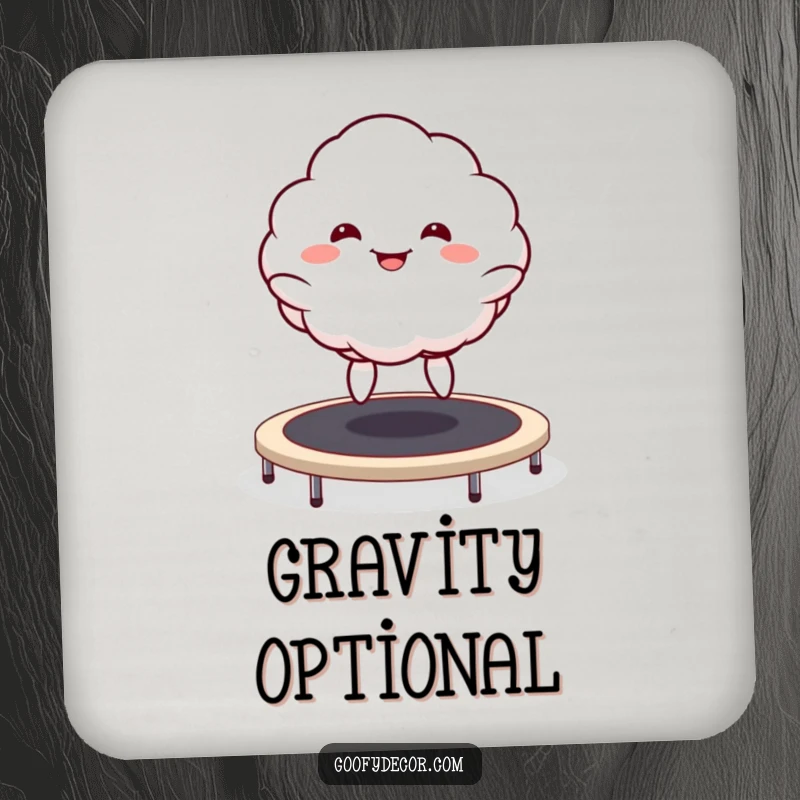 Funny Kawaii Cloud Drink Coaster featuring a goofy grinning cloud character joyfully bouncing on a trampoline, adding humor to your drink setup.