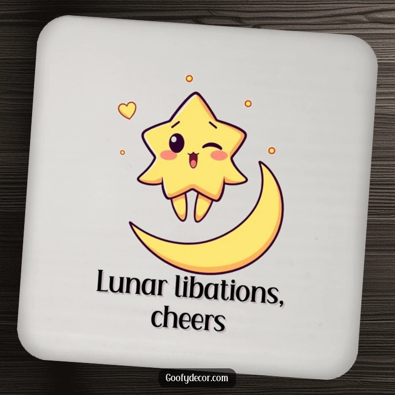 Funny drink coaster featuring a surprised star character winking while balancing on a crescent moon, adding humorous celestial flair to any surface.