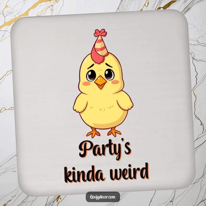 Funny drink coaster featuring a confused rubber chicken character wearing a tiny party hat.