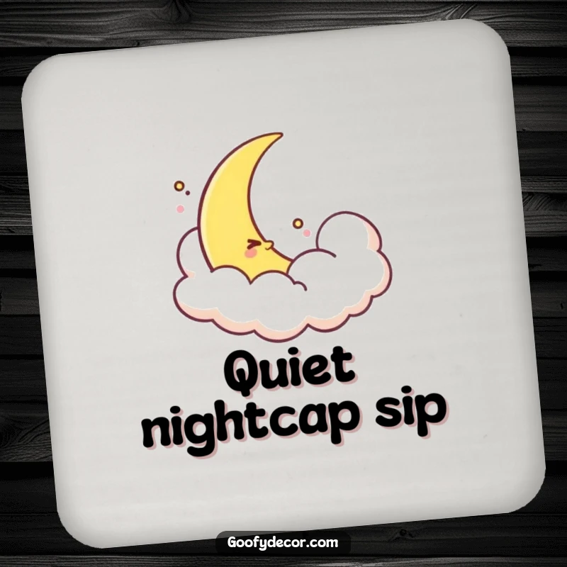 Funny shy moon drink coaster showing a timid crescent moon peeking from a cloud, perfect for protecting tables with quiet charm.