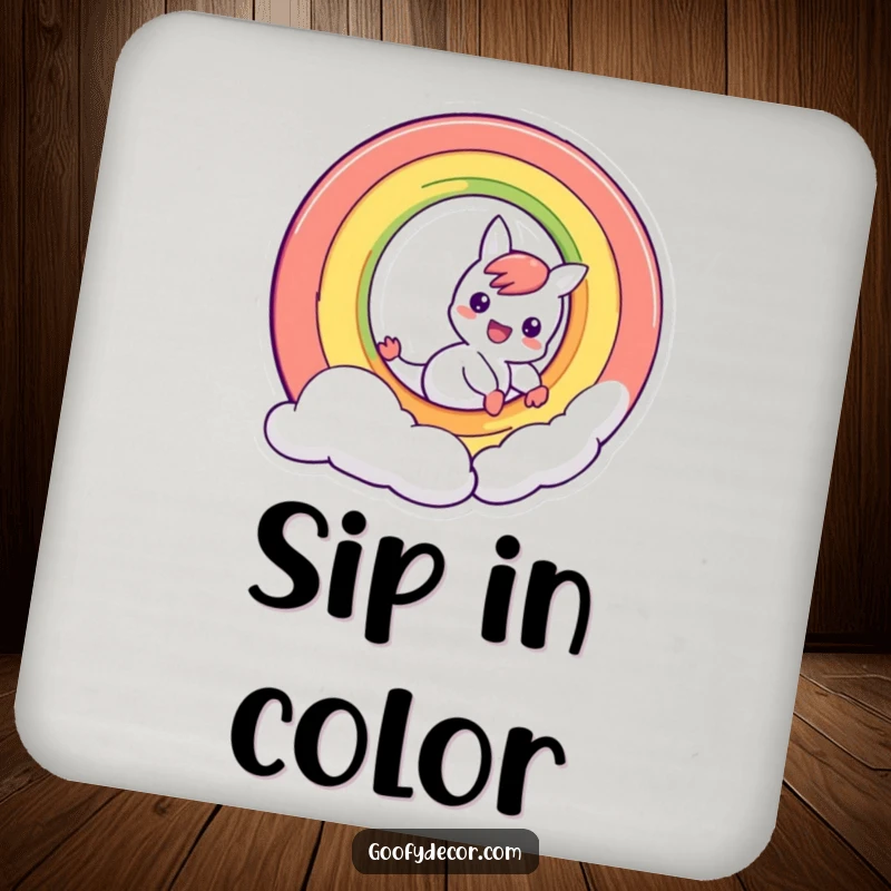 Funny mischievous rainbow character sliding down its own arc, a cute and humorous design on a drink coaster.