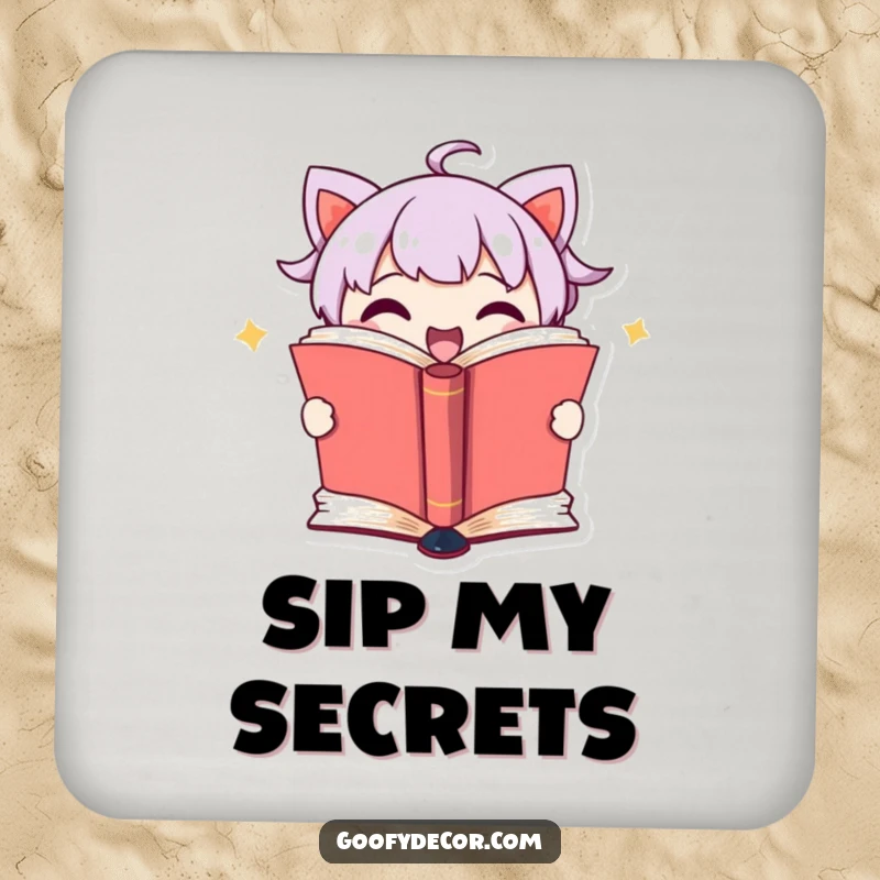 Funny coaster featuring a cute book character revealing a secret from its pages, protecting surfaces with humor.