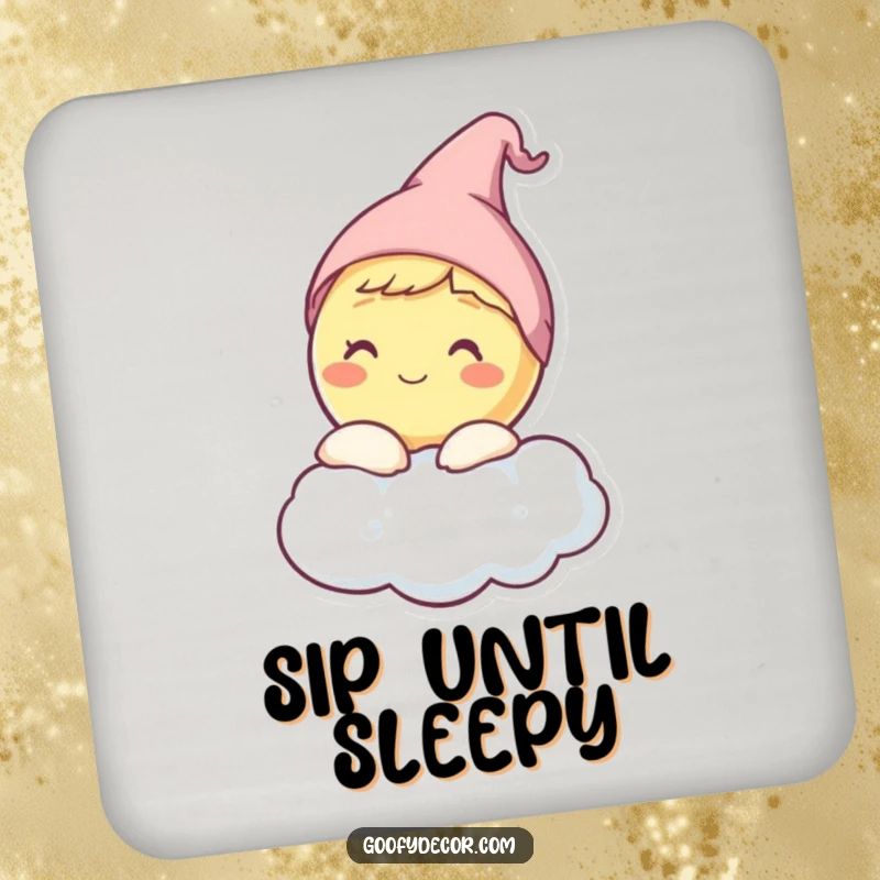 Funny drink coaster with a happy moon character wearing a sleep cap, peeking from behind a cloud.