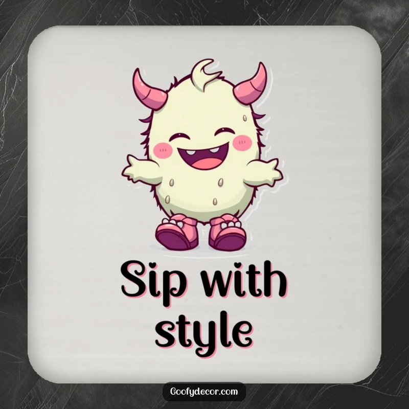 Funny drink coaster featuring a giggling kawaii monster joyfully displaying its fun, mismatched shoes, protecting surfaces.