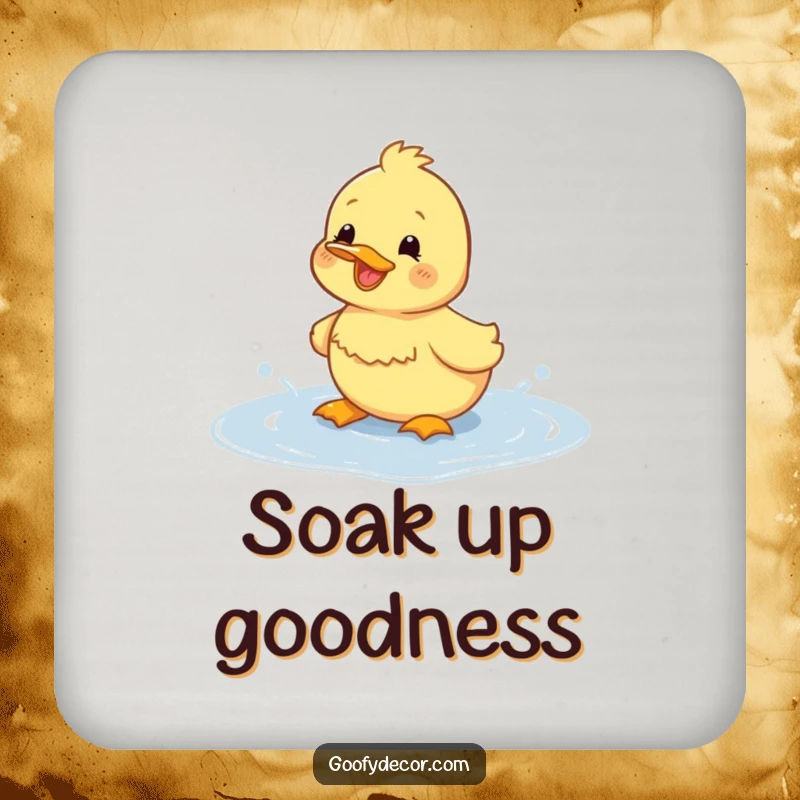 Funny duckling coaster featuring a happy duckling splashing in a puddle, a cute and functional accessory.