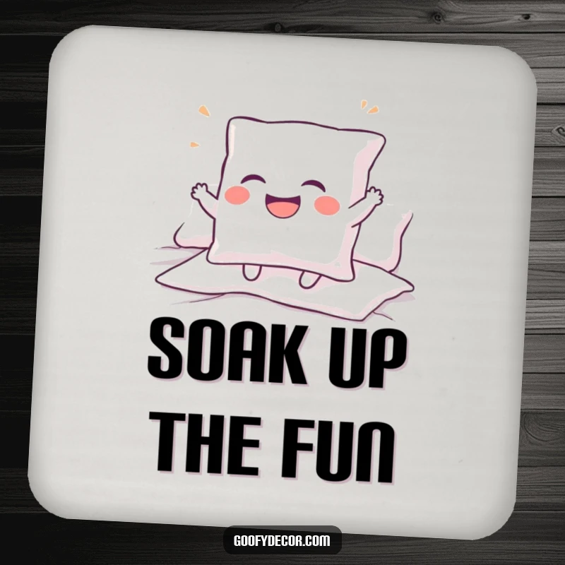 Funny coaster with a giggling pillow character bouncing happily, protecting surfaces with cheerful and humorous design.