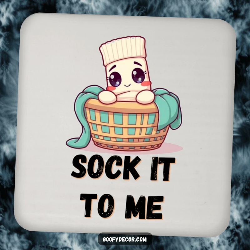 Funny sock character tangled in a laundry basket, as a protective coaster for drinks.