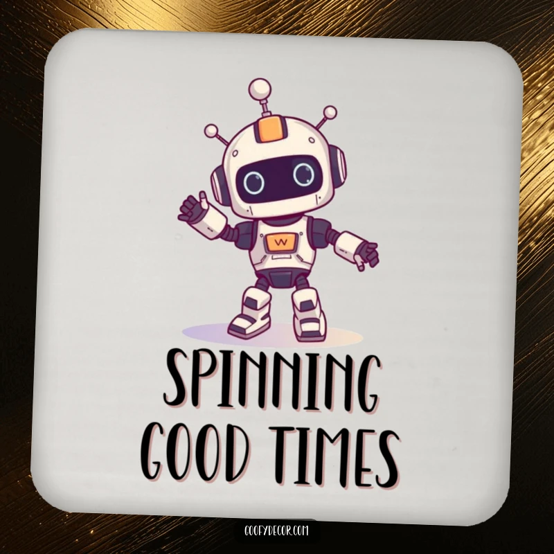 Funny drink coaster depicting a robot character doing a silly spinning dance, protecting surfaces with humor.