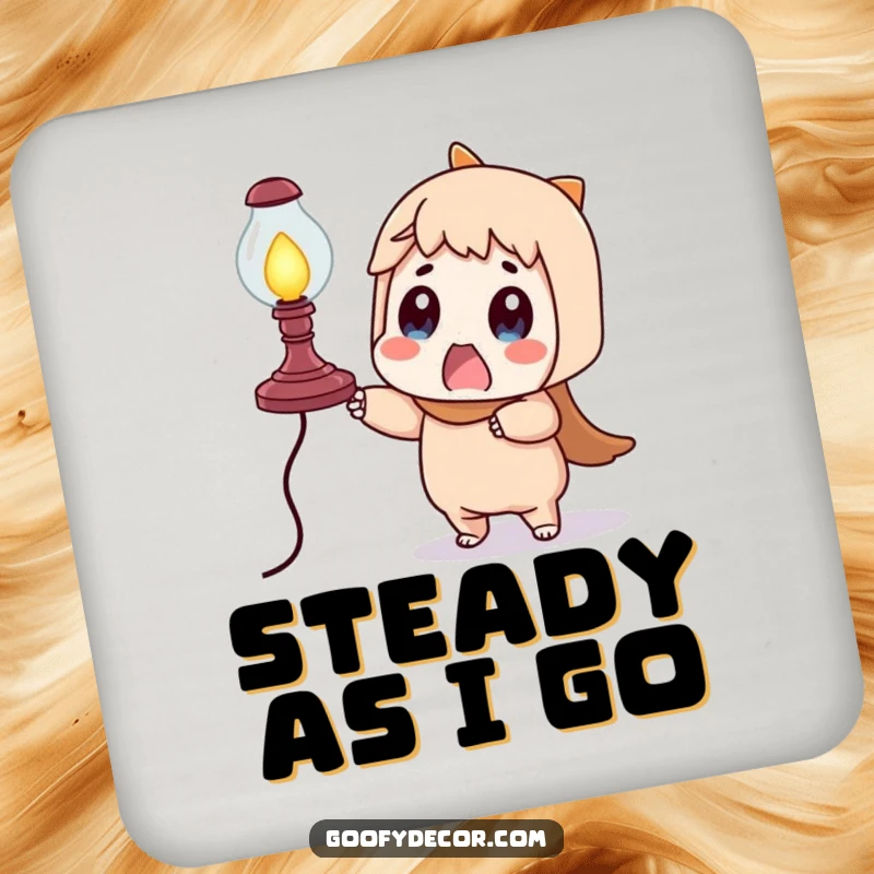 Funny surprised character drink coaster, hilariously reacting to a wobbly lamp, adding a touch of comedic protection.