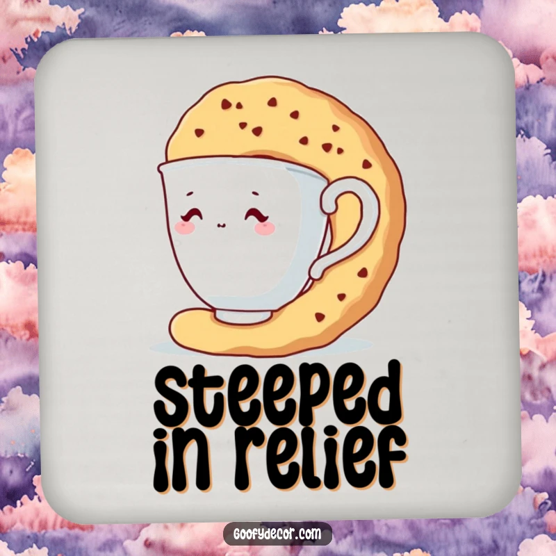 Funny drink coaster featuring a shy teacup character hiding behind a giant biscuit.