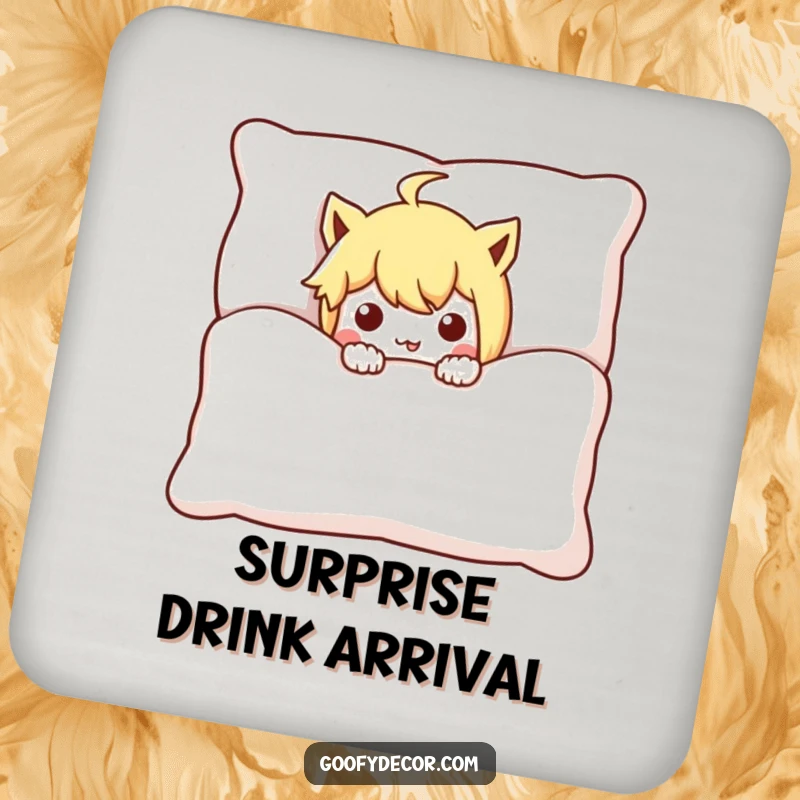Funny mischievous character drink coaster, comically peeking from behind a large cushion, bringing playful humor to your table.