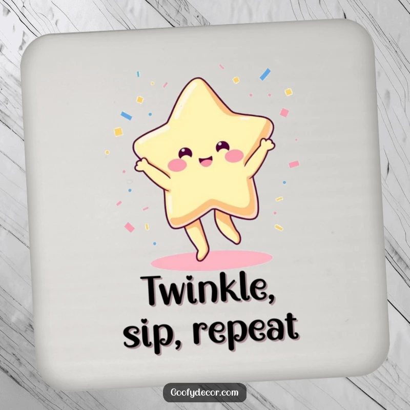 Funny drink coaster featuring a cheerful kawaii star dancing amidst confetti, protecting surfaces with celebratory style.