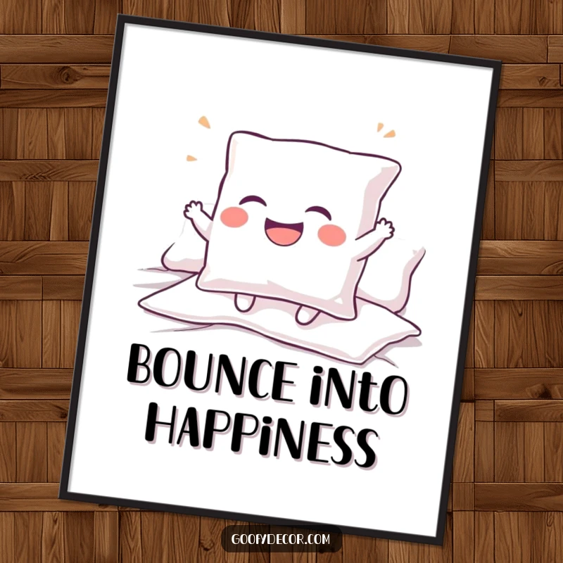 Funny poster of a giggling pillow character bouncing on a bed, bringing an atmosphere of uncontrollable mirth and joy.