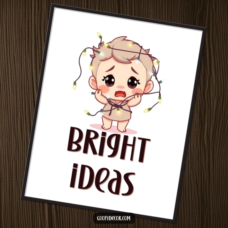 Funny poster showing a bewildered character hilariously tangled in fairy lights, a humorous piece of wall art.