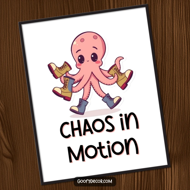 Funny octopus juggling poster featuring a goofy octopus with tentacles tossing mismatched boots, adding quirky charm.