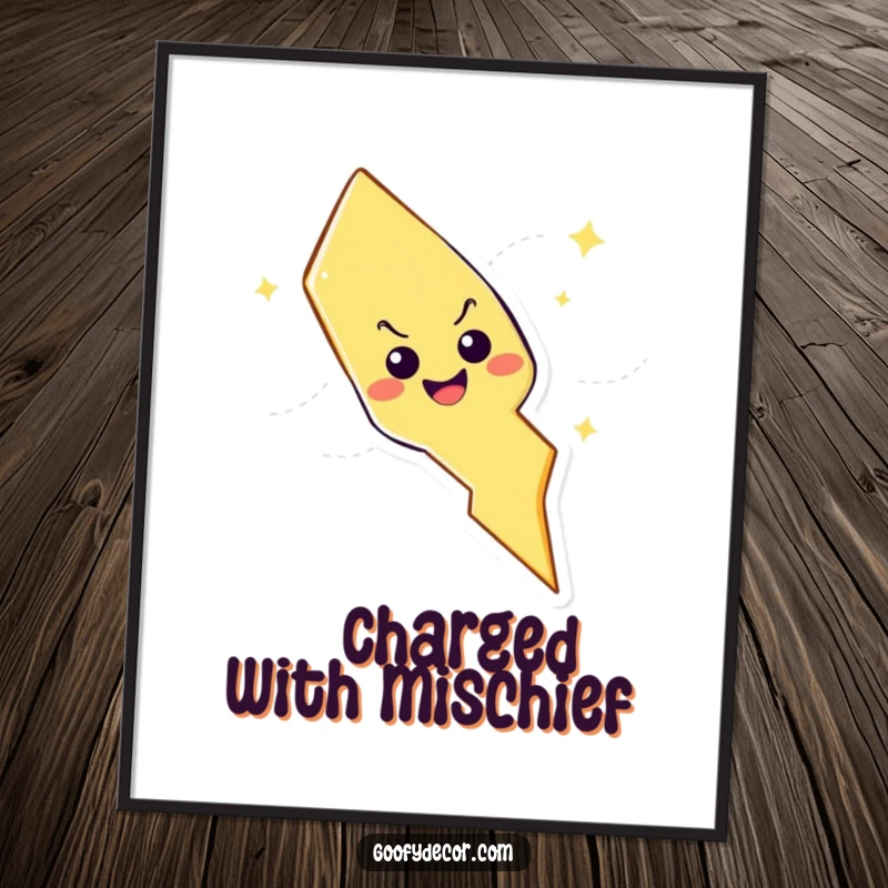 Funny lightning bolt character with mischievous grin zig-zagging across a vibrant poster, adding a playful and energetic vibe to decor.