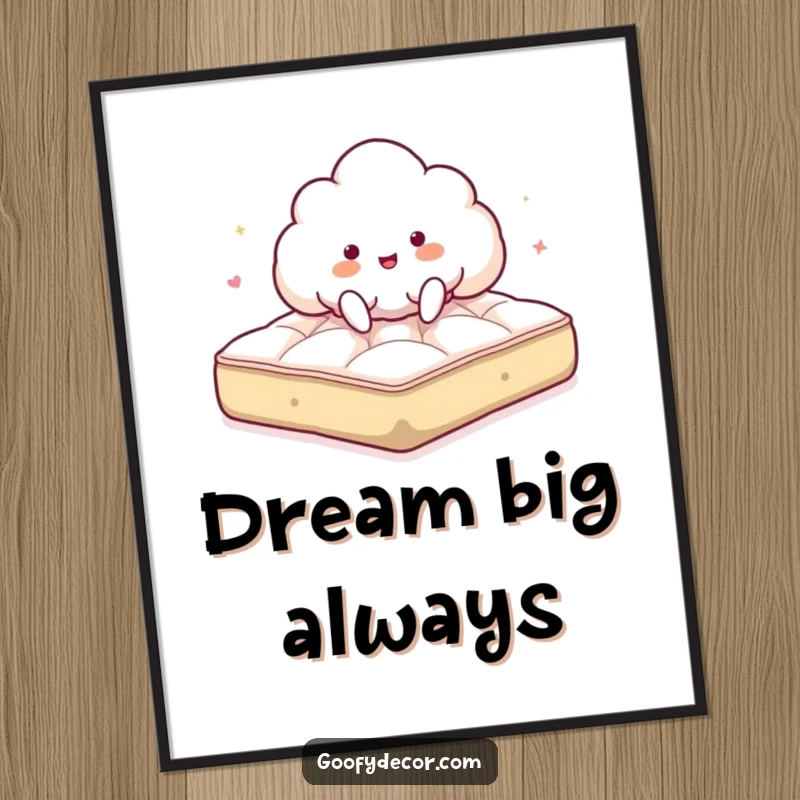Funny poster depicting a giddy cloud character joyfully bouncing on a fluffy mattress, bringing a sense of lighthearted fun.