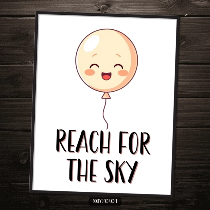 Funny poster art of a happy little balloon character cheerfully floating upwards, adding joy to wall decor.