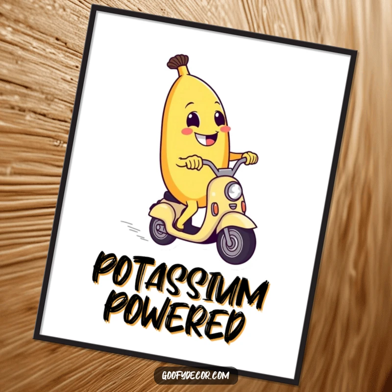 Funny poster featuring a grinning banana character gleefully riding a tiny scooter, capturing speed and pure happiness.