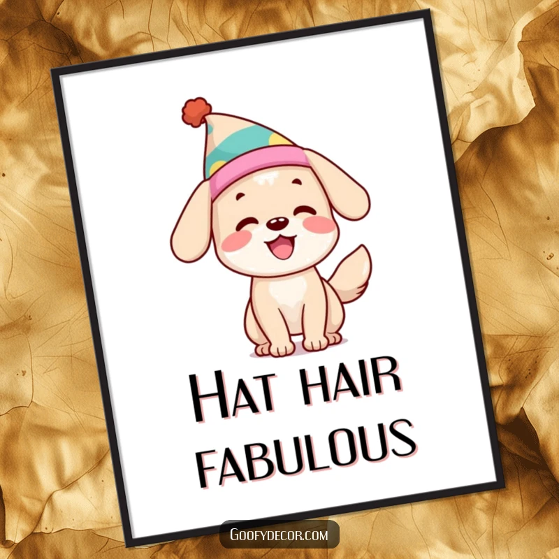 Funny Dog Poster: A happy, tail-wagging dog wearing a silly hat radiates pure joy and infectious enthusiasm on your wall.