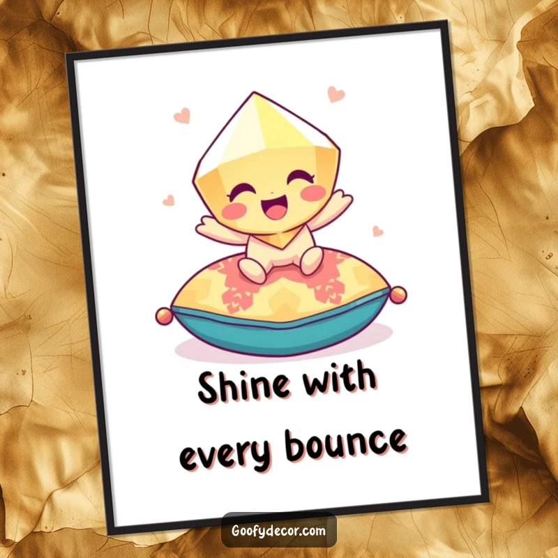 Funny giggling gem character bouncing playfully on a colorful cushion, depicted as vibrant and joyful wall art.