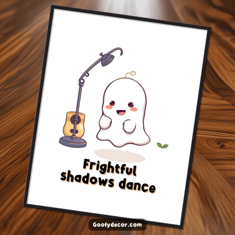 Funny poster art of a mischievous little ghost character playfully hiding behind a lamp, adding whimsical decor.