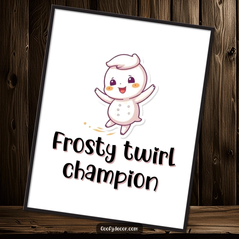 Funny poster art of a giggling snowflake character merrily twirling in a gentle, inviting breeze, spreading winter cheer.