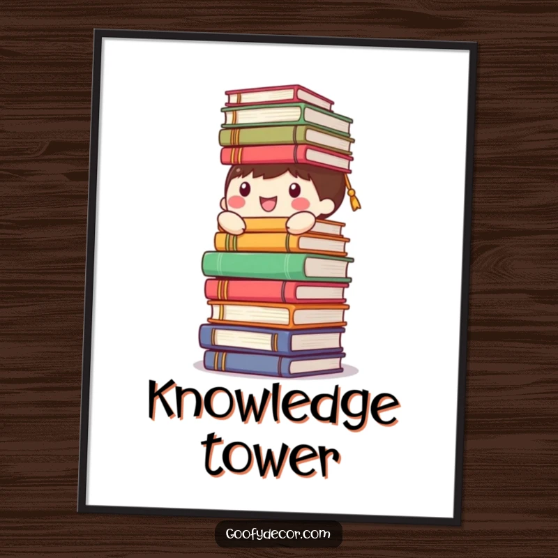 Funny happy character poster, humorously balancing a precarious stack of books, celebrating the joy of reading.