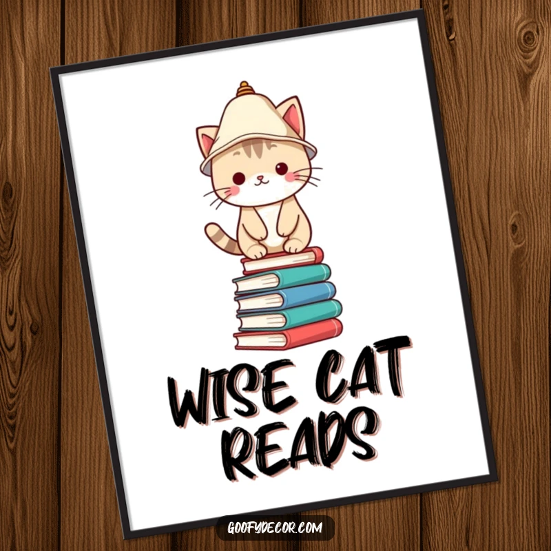 Funny Poster of a Kawaii cat wearing a lampshade hat, maintaining a comical balance atop a precarious stack of books.