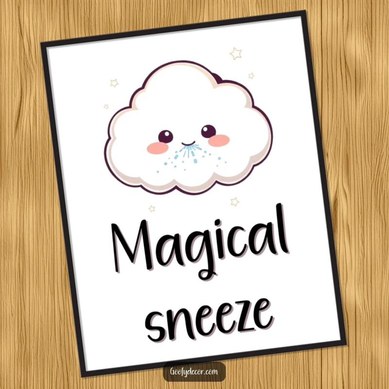 Funny poster art of a cute kawaii cloud character joyfully sneezing a dazzling stream of glitter, adding magic.