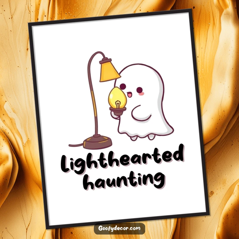Funny Kawaii Ghost Tickling Lamp Poster: Whimsical wall art of a cute ghost playfully tickling a lamp, bringing charm and humor. A delightful funny gift.