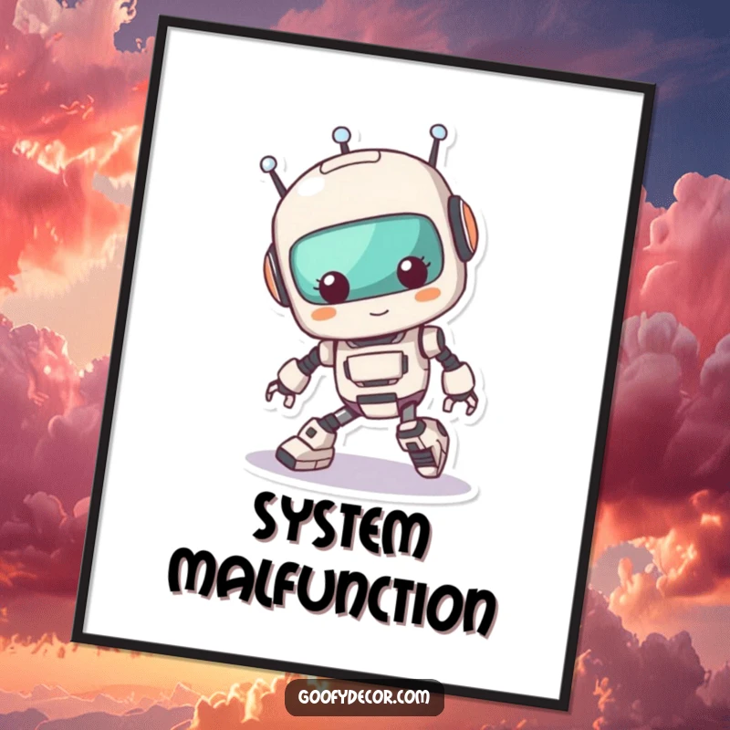 Funny Kawaii Robot Tripping Poster: Whimsical wall art of a cute robot comically tripping over its feet, bringing charm and humor. A delightful funny gift.