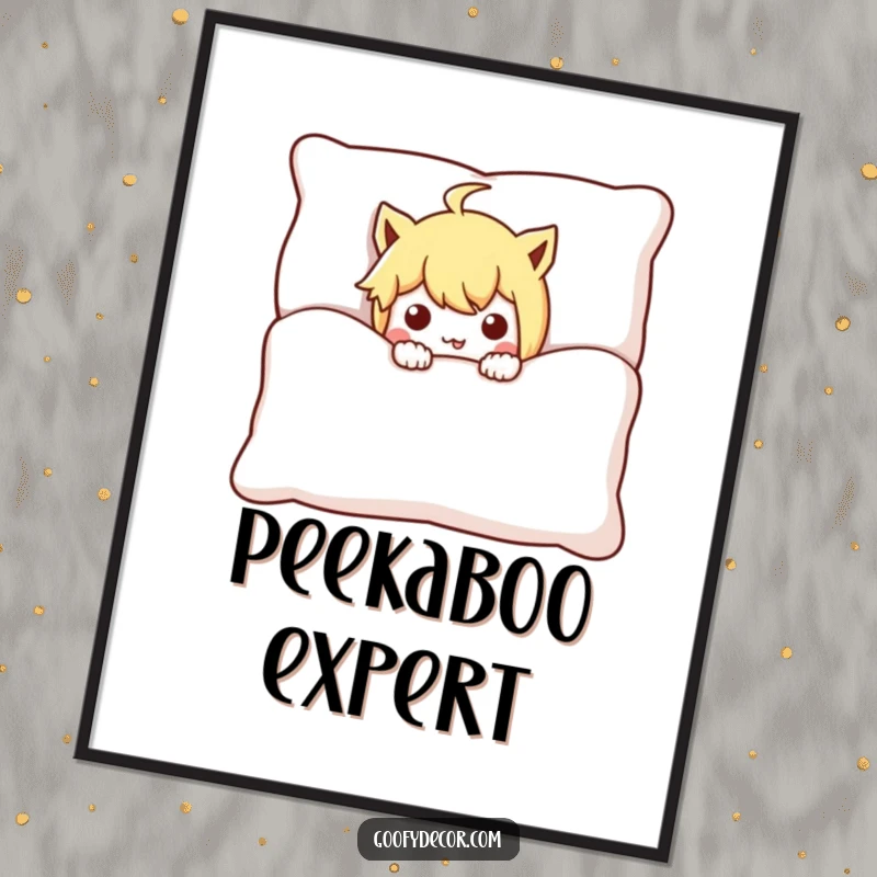 Funny mischievous character poster, humorously peeking from behind a large cushion, creating a scene of playful mystery.