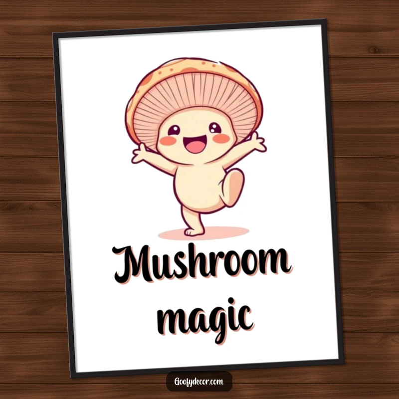 Funny poster of a smiling mushroom character doing an enthusiastic cartwheel, full of playful energy and joy.