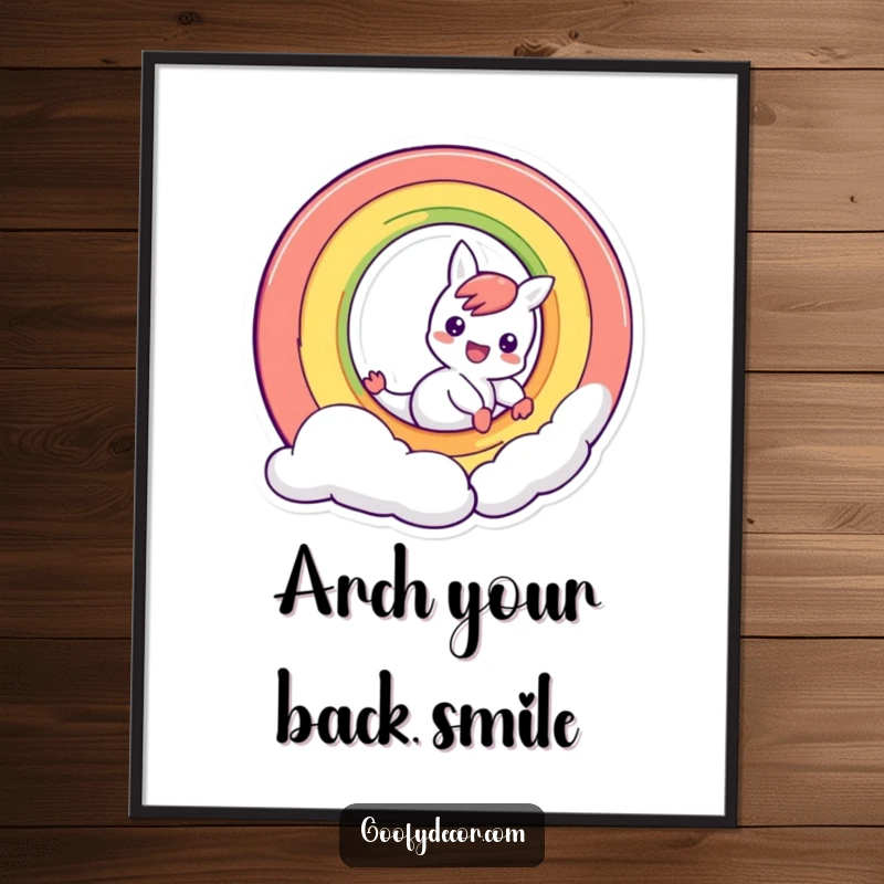 Funny mischievous rainbow character sliding down its own arc, a humorous illustration perfect for colorful wall art posters.