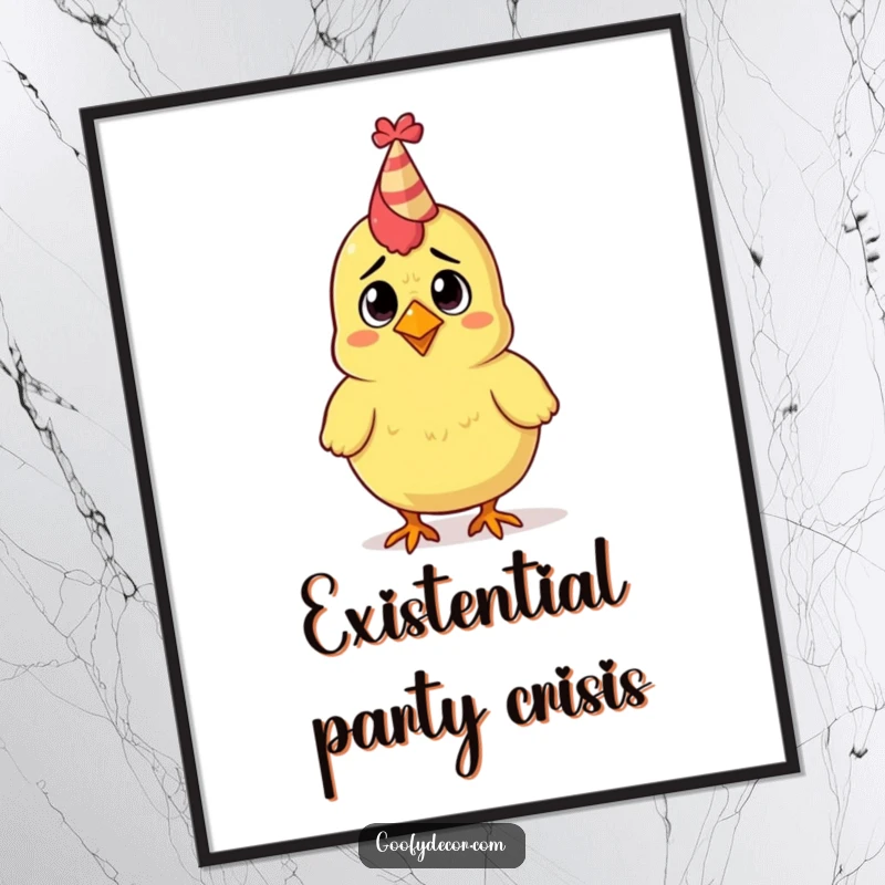 Funny poster print of a rubber chicken adorned with a tiny party hat, looking utterly perplexed.