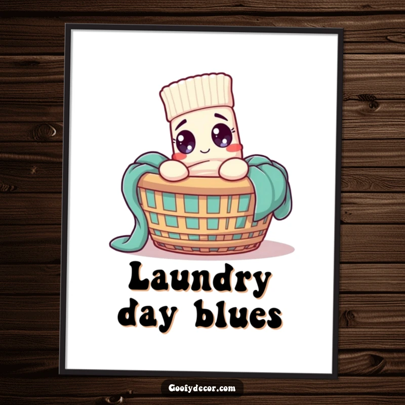 Funny sock character attempting to escape a laundry basket, wide-eyed, framed as a vibrant art poster.