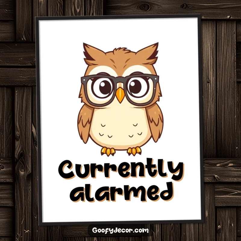 Funny owl in reading glasses looking surprised on a poster, perfect for a study or library wall art.