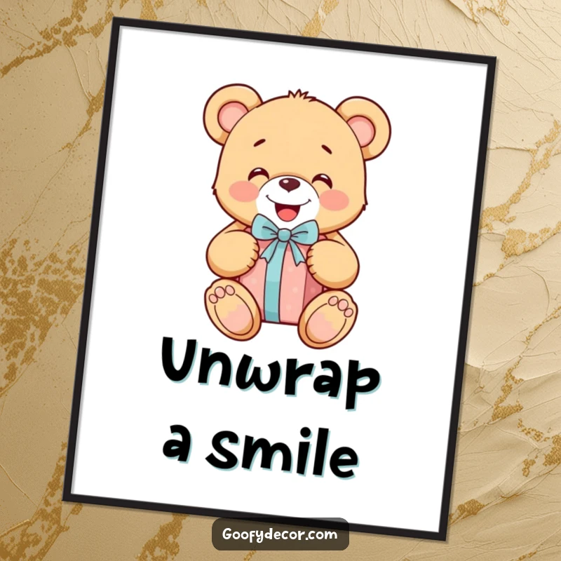 Funny cheerful teddy bear happily unwrapping a gift, depicted as joyful wall art to brighten any space.