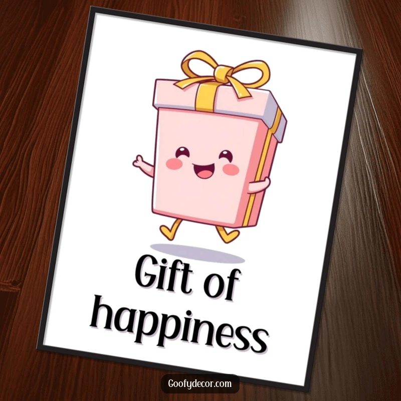 Funny kawaii smiling gift box character doing a little skip, depicted on a bright and cheerful poster.