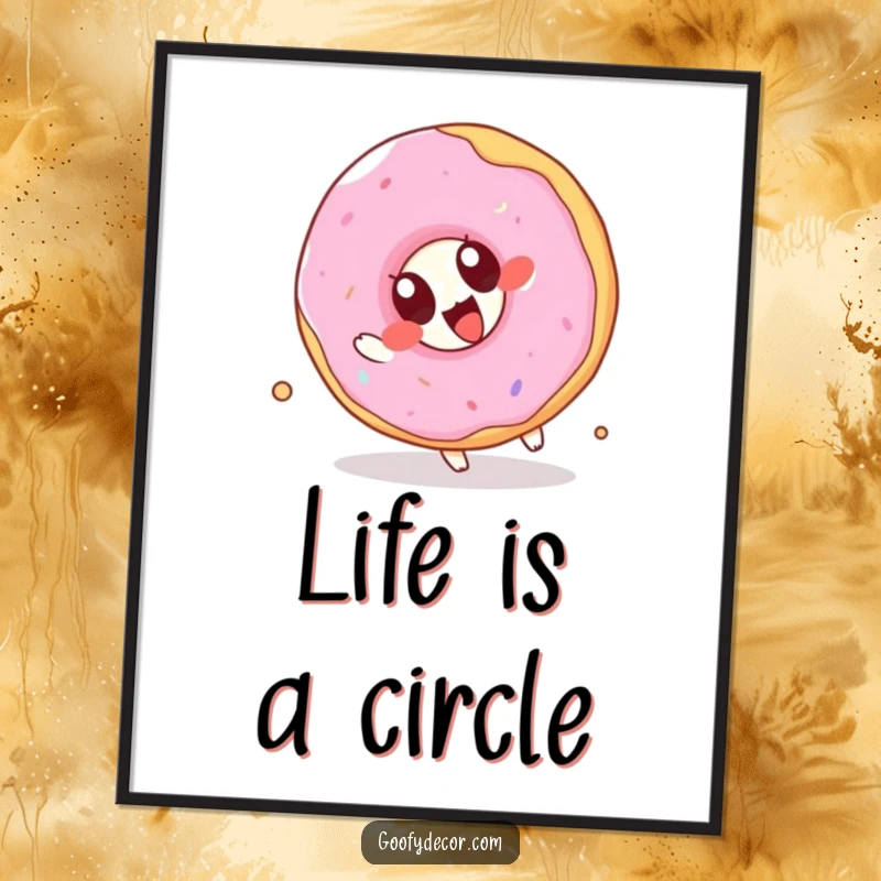 Funny Kawaii Donut Poster: Whimsical wall art of a cute cartoon donut with oversized eyes joyfully attempting a somersault, adding sweet charm.